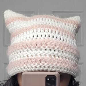 Handmade Crochet Y2k Streetwear Fuzzy Striped Cat Ear Beanie